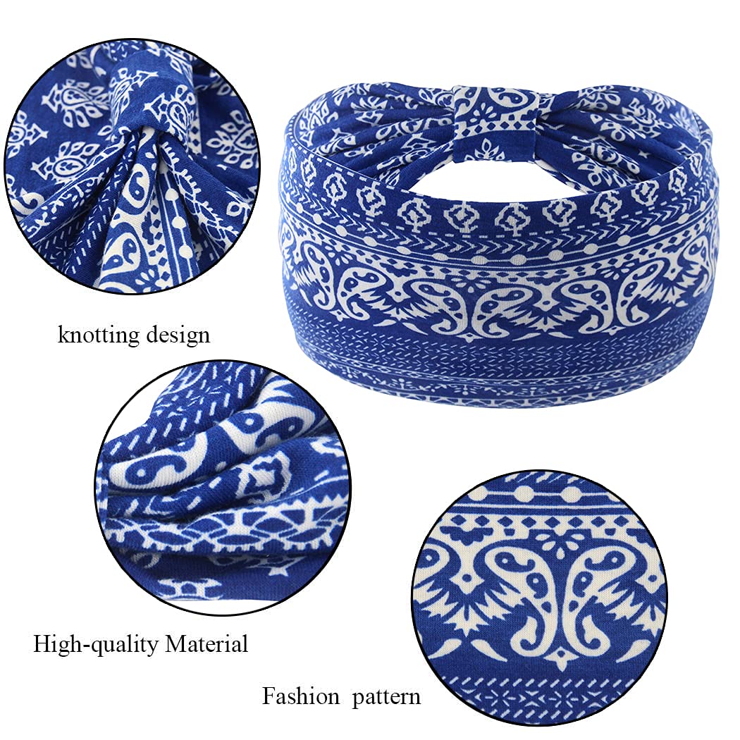 Yeshan Wide Bandana headbands for Women Boho Bandeau Headbands Knot Hair Scarf Bands Stretch Floral Printed Non Slip Headbands Elastic Turban Head Wraps Thick African Headbands,Pack of 6