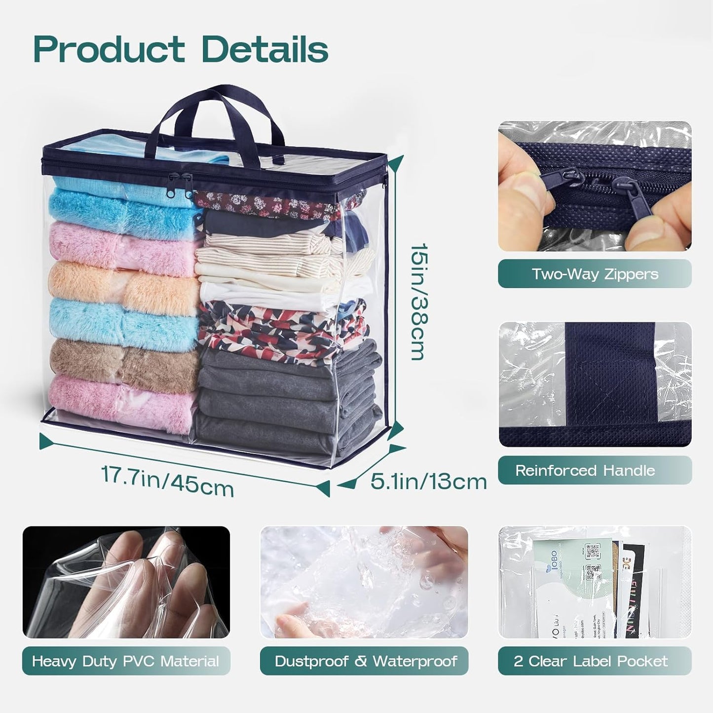 5 Pack Clear Storage Bags for Clothes, 22L Blanket Storage Bags, Under Bed Storage, Closet Organizers Bag, Upgraded Version Two-Way Zippers Design(Navy Blue)