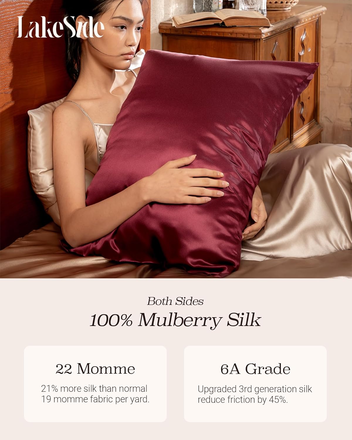 Oriental Lakeside® 100% Pure 22 Momme Mulberry Silk Pillowcase with Hidden Zipper - Nighttime Skincare & Hair Care Hydrating Pillow Cover