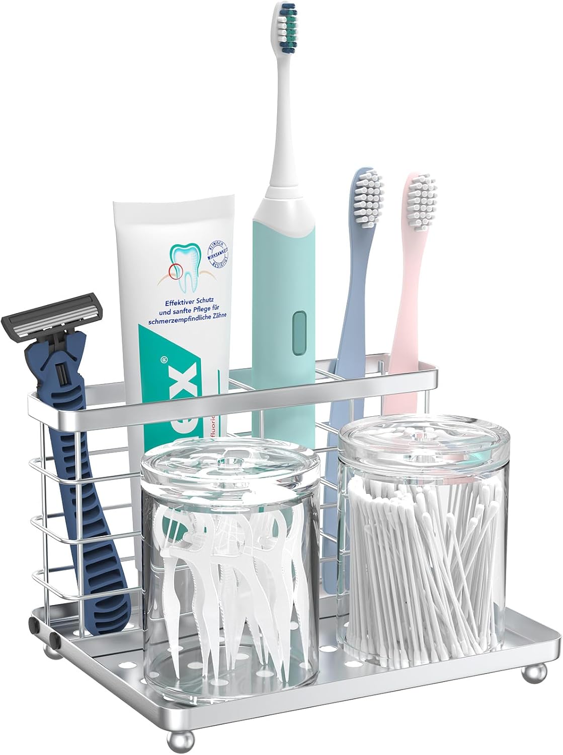 Luxspire Toothbrush Holders for Bathroom, Toothbrush Holder with Tray, Stainless Steel Holder for Toothbrush Toothpaste, Tooth Brushing Holder for Bathroom Countertop, 3-Slot, Silver