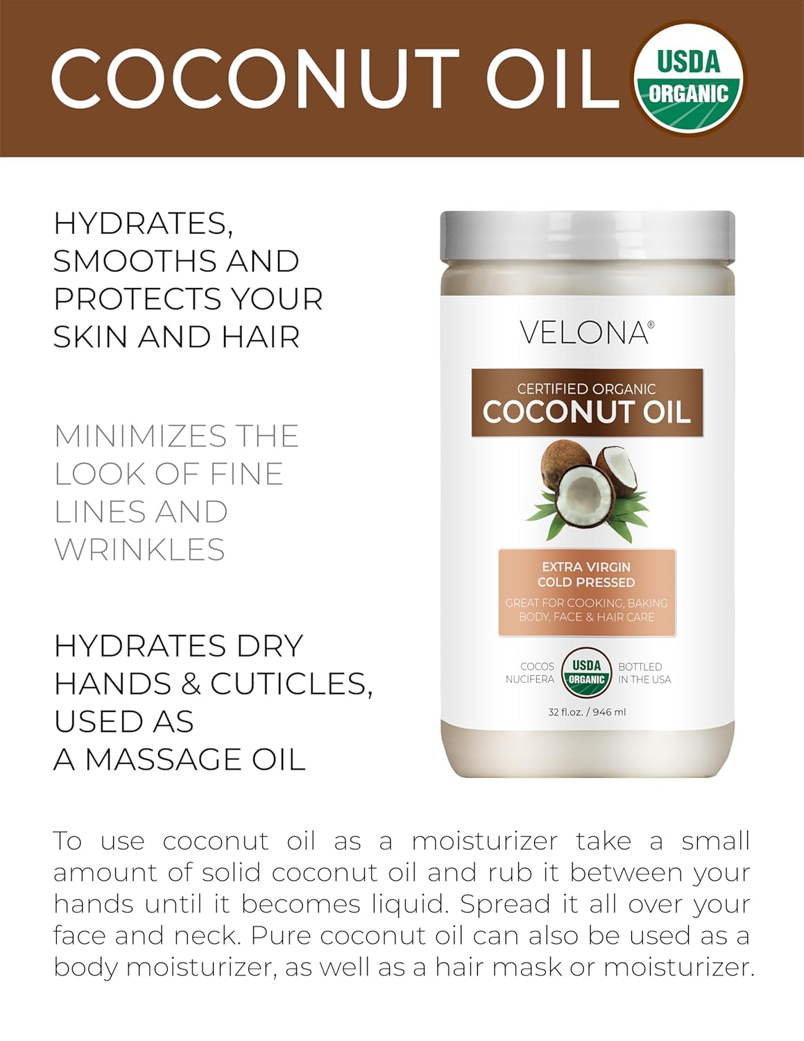 Velona USDA Certified Organic Coconut Oil Extra Virgin - 32 fl oz | Food and Cosmetic Grade | in jar | Extra Virgin, Cold Pressed