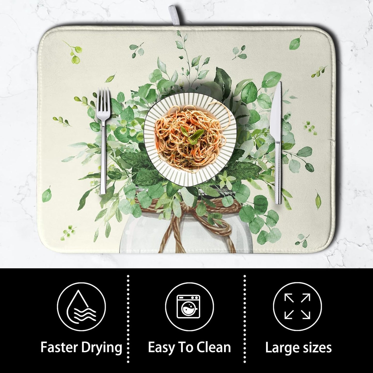 Spring Sage Green Leaves Dish Drying Mat for Kitchen Counter Eucalyptus Leaf Floral Mason Jar Dishes Drainer Mats Absorbent Microfiber Dish Draining Mat Washable Large Dish Pad 18x24 Inch