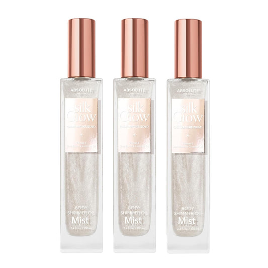 Absolute New York - Silk Glow Shimmer Mist Glow, Radiant, Shimmer Body & Face & Hair, Shea Butter, Coconut Oil, Vitamin E (SBGS01 White Plantinum Mist (Set of 3), 3.4 fl oz)