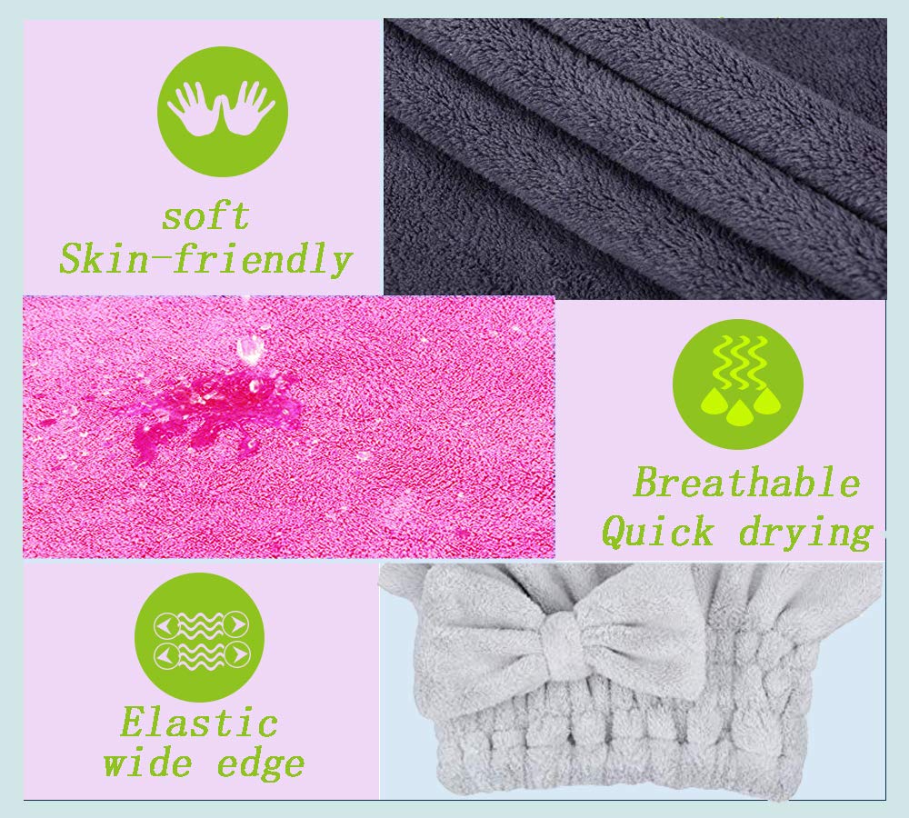 Microfiber Hair Drying Towels Head wrap with Bow-Knot Shower Cap Hair Turban hairWrap Bath Cap for Curly Long & Wet Hair Gift for Women 2pack