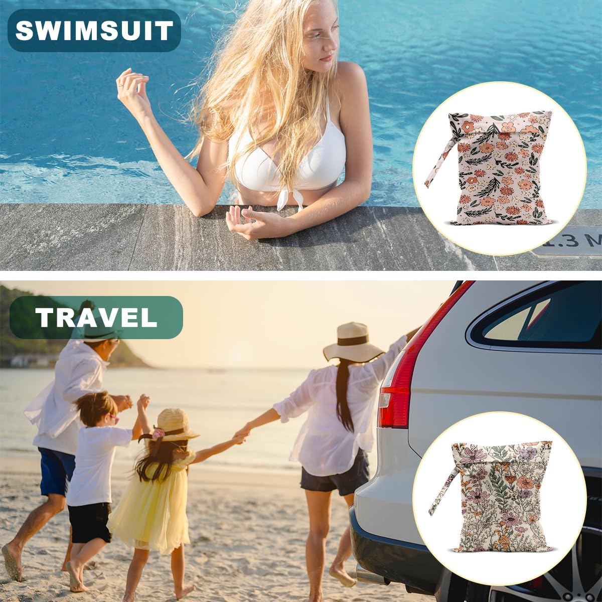 2Pcs Floral Print Wet Bags, Wet Dry Bag Reusable for Swimsuit, Travel, Diapers, Pool, Beach, Dirty Yoga Gym Clothes, Toiletries, Makeup Bag, Zipper Pouch Waterproof Birthday Christmas Gifts