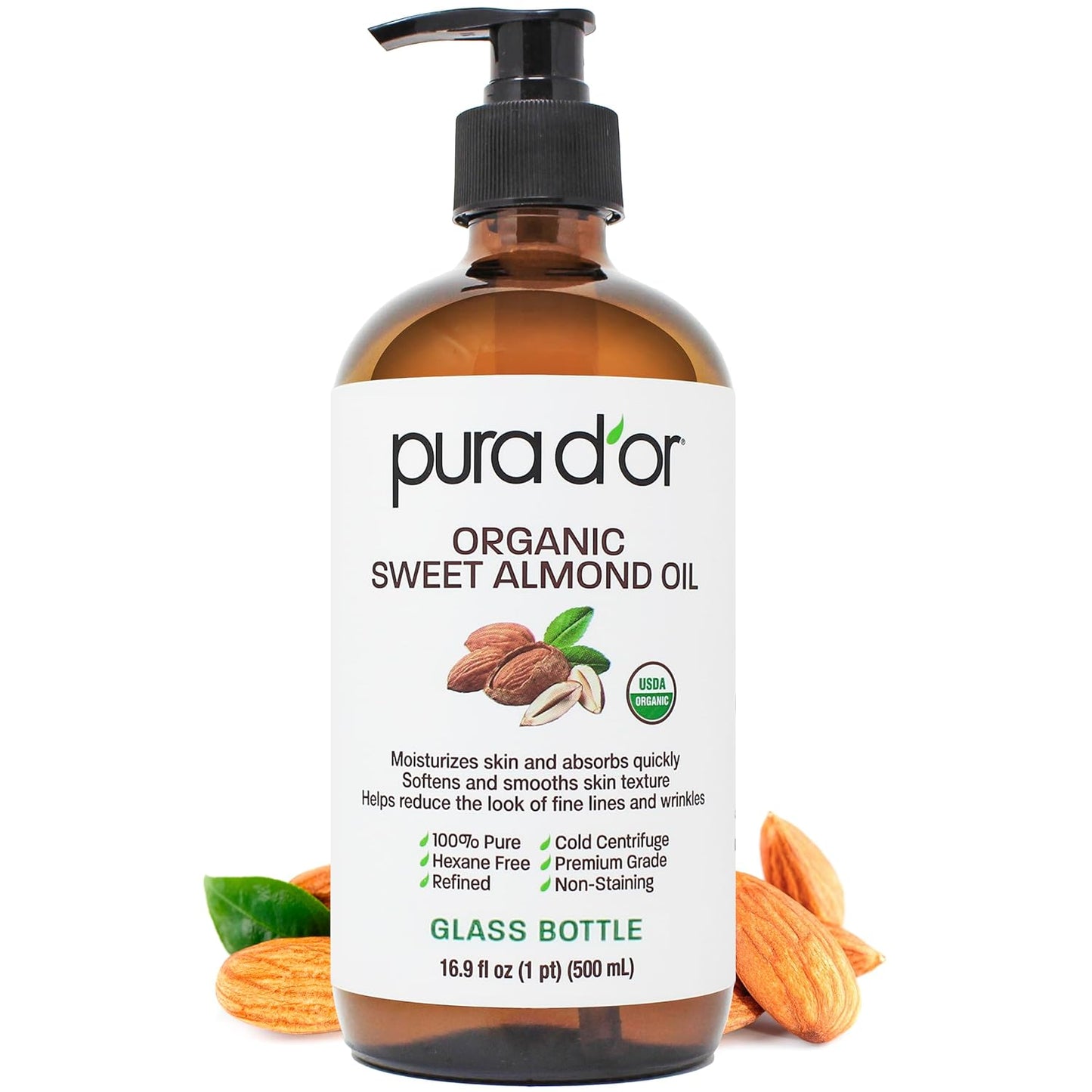 PURA D'OR 16.9 Oz ORGANIC Sweet Almond Oil (GLASS BOTTLE) 100% Pure & Natural USDA Certified Cold Pressed Carrier Oil For DIY Beauty - Non-Greasy, Unscented, Hexane Free Moisturizer - For Hair & Skin