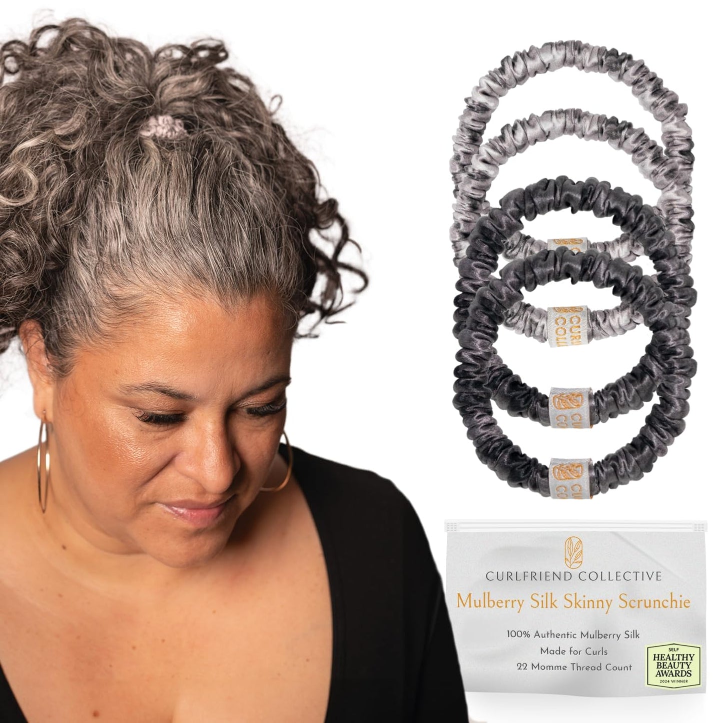 Authentic Mulberry Silk Skinny Hair Match Scrunchies for Women, Anti Breakage Hair Ties for Curly Thick & Thin Hair, 100% Silk for Buns & Ponytail, Silver/Deep Grey (4 Pack)