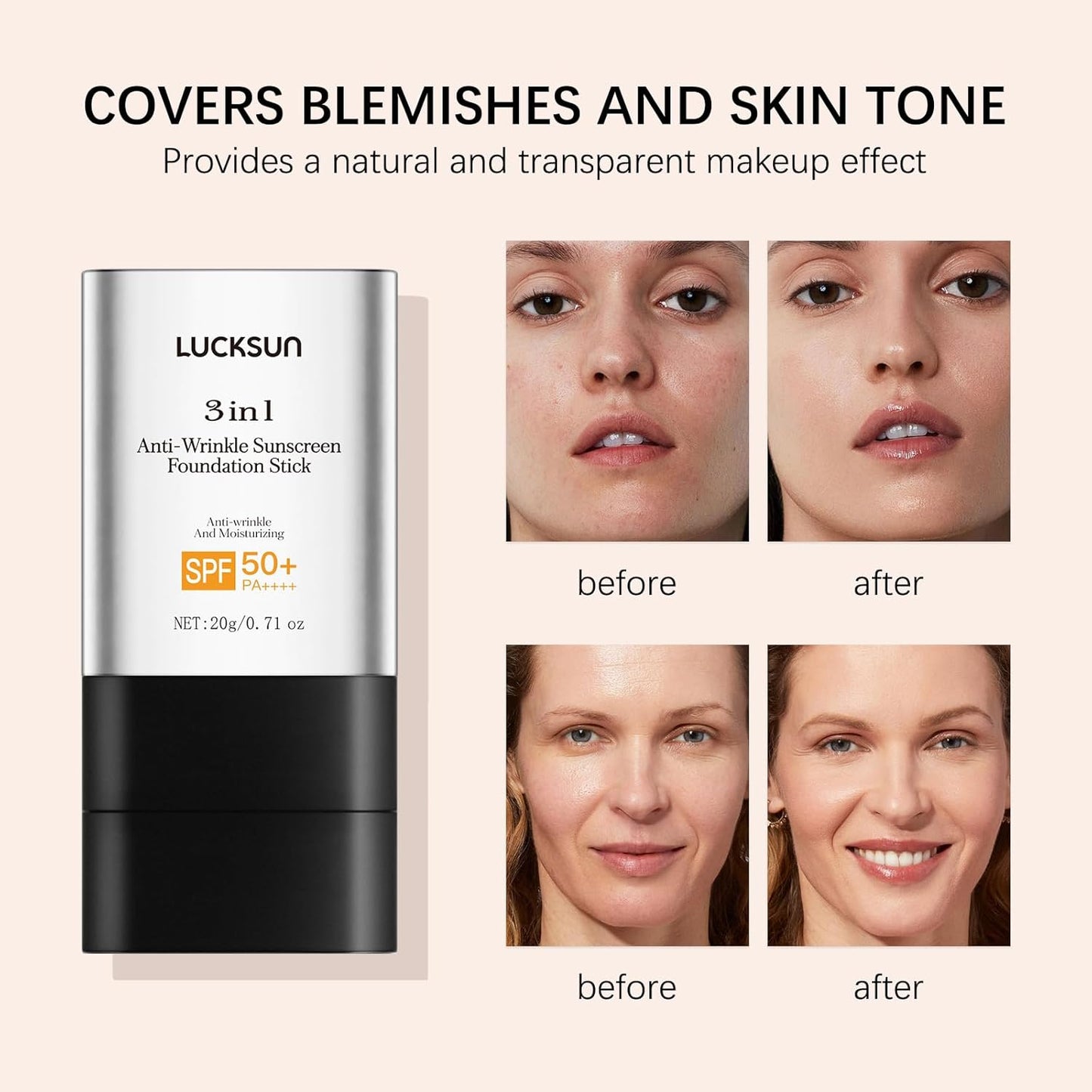 3 in 1 Anti-wrinkle Hydrating Lightweight Foundation Stick Concealer & Makeup, Multi-Use Long-Lasting Formula for All Skin Types (Medium, 20g/0.71oz)