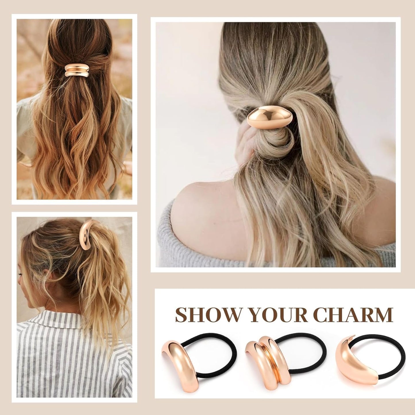 3PCS Rose Gold Hair Ties, Metal Hair Ties for Thick Hair, Elegant Durable Geometric Design, Rose Gold Hair Accessories Stretchy Non-Damage Ponytail Holders, 3 Styles in Box Holiday Gifts