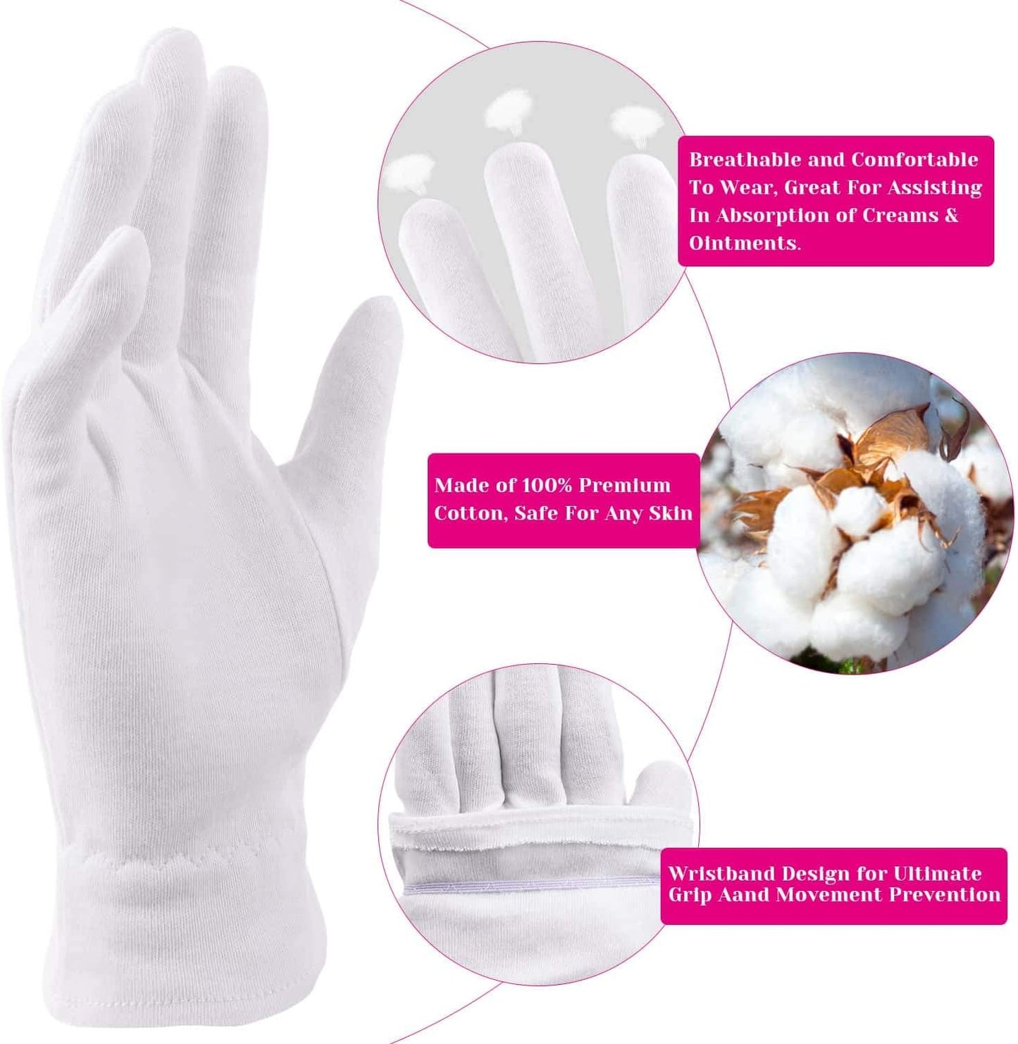 Moisturizing Gloves for Dry Hands Overnight, Selizo 3 Pairs 100 Percent White Cotton Gloves for Women Eczema, Hand Moisturizer Sleeping Spa Gloves for Eczema Dry Hands