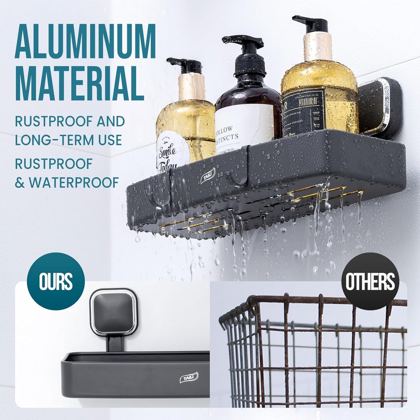TAILI Shower Caddy Suction Cup, Heavy Duty Shower Organizer for Bathroom, Removable Shelves for Inside Shower, Wall Mounted Aluminum Storage for Bathroom Holder, Dark Gray