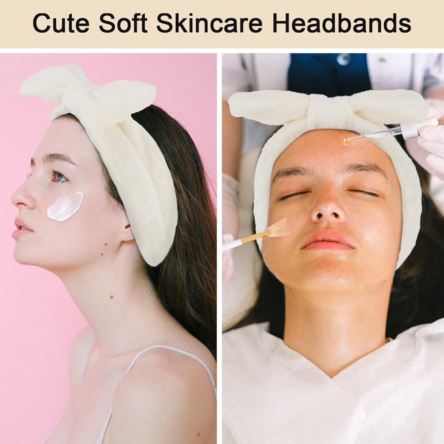Ondder Spa Headband for Washing Face 8 Pack Beige Skincare Headbands for Women Girls Terry Cloth Cute Bow Head Bands
