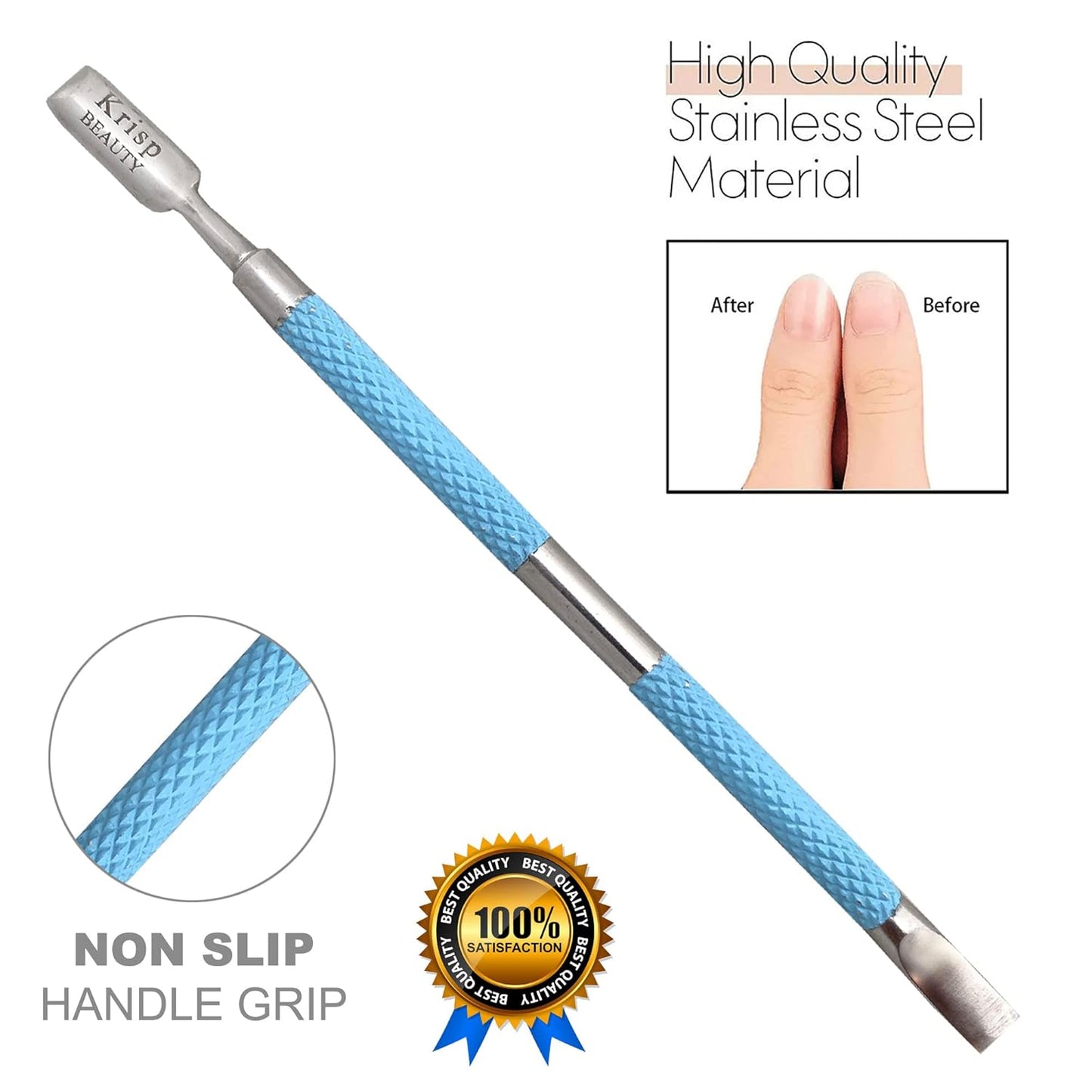 Cuticle Pusher Tool - Dual Sided Sharp Edge Spoon Shaped Double Ended Cuticle Pusher Remover Cuticle Cleaner Stainless Steel Manicure Pedicure Nail Art Care Tools Set 1 Pc By Krisp Beauty (Blue)