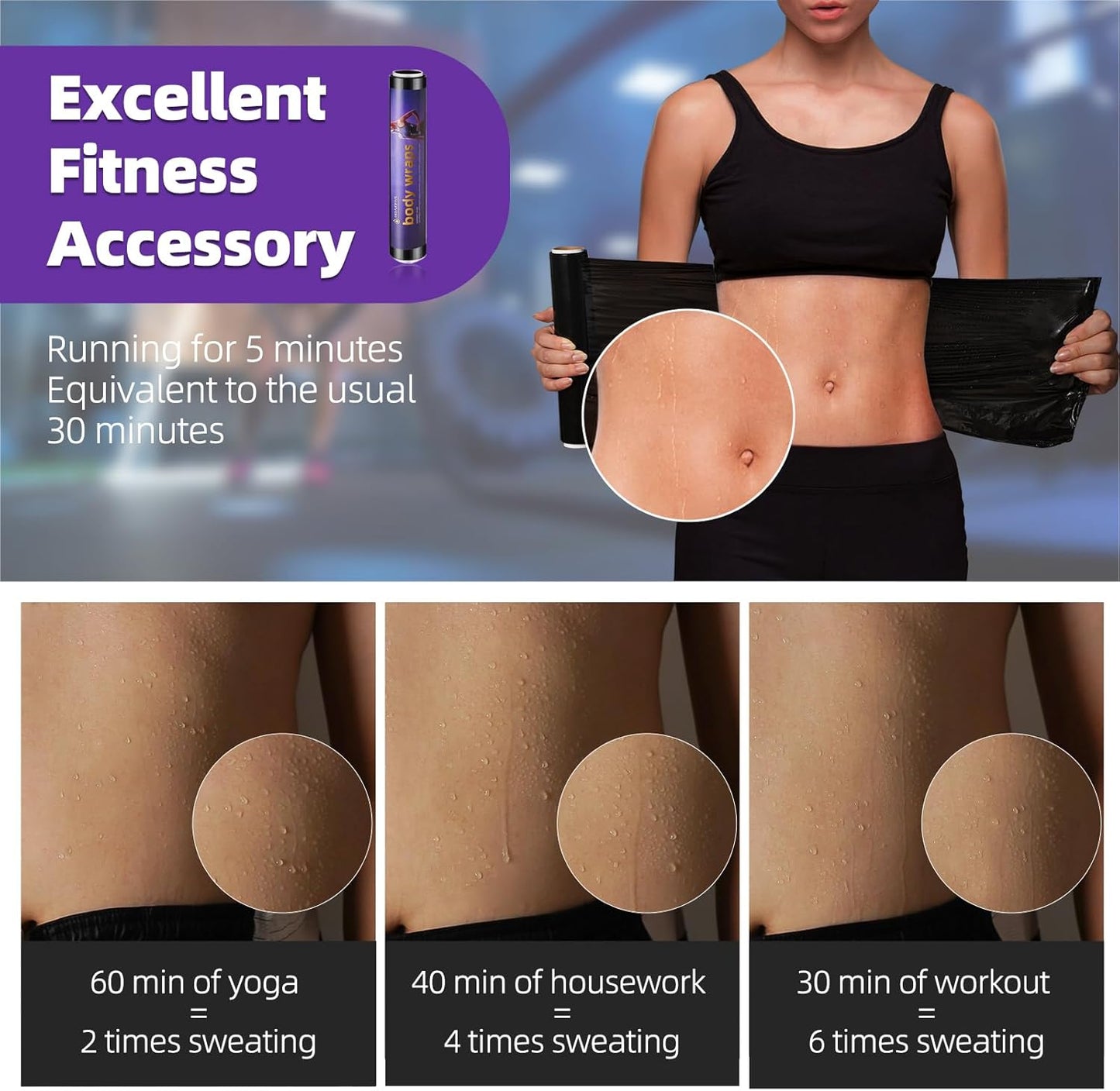 60 Meters Black Osmotic Plastic Body Wrap, Workout & Sweat Enhancer Stomach Film Body Applicator Power Wrap (3 Rolls)