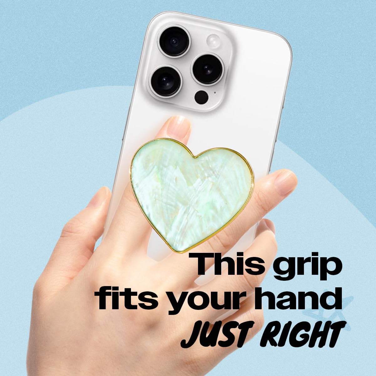 OnTheGrip Cute Natural Seashell Design Heart Shape Collapsible Mobile Phone Grip Stand Holder for Smartphone Tablet Cell Phone Accessory (Aqua Blue)