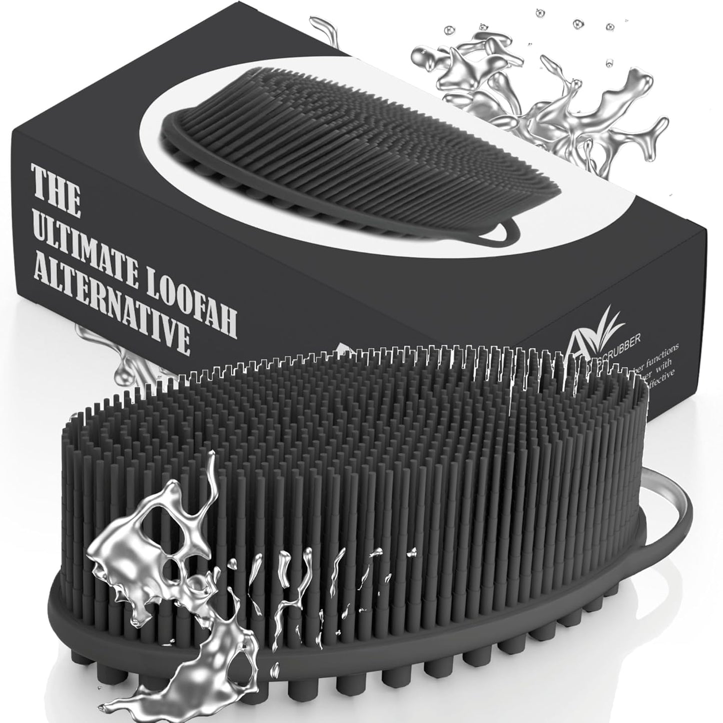 Avilana Silicone Body Scrubber - Food Grade & Lab Tested, Gentle Exfoliating Shower Brush for All Skin Types, Hygienic Quick-Dry Loofah Alternative (Dark Gray, Massage-Silver)