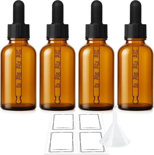 Bumobum Dropper Bottle, 1 oz Amber Glass Dropper Bottle with Measured Dropper, Empty Eye Tincture Bottles with Funnel & Labels for Essential Hair Oils Serums, 4 Pack