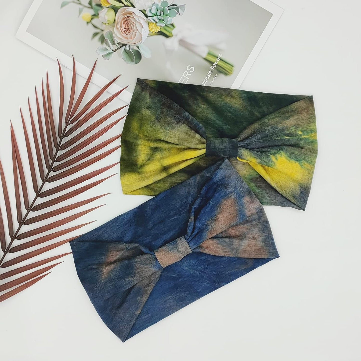 Wide Boho Headbands for Women Fashion Knotted Headband Yoga Workout Hair Accessories African Head Wrap Blue Tie Dye 4 Pack