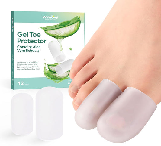 Welnove Gel Toe Cap and Protector - Silicone Toe Covers - Toe Cushions for Pain Relief, Missing or Ingrown Toenails, Corns, Calluses, Blisters - Infused Aloe Vera Extract (4 Large + 8 Medium, Clear)