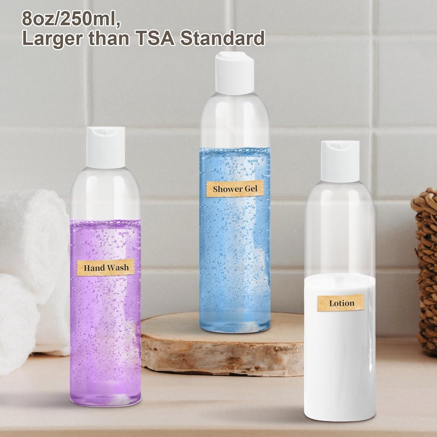 20 Pack 8 oz Clear Plastic Bottles with White Disc Caps Refillable Empty Squeeze Containers Cosmetic Bottles for Toiletries Conditioner Shampoo Lotions Gels