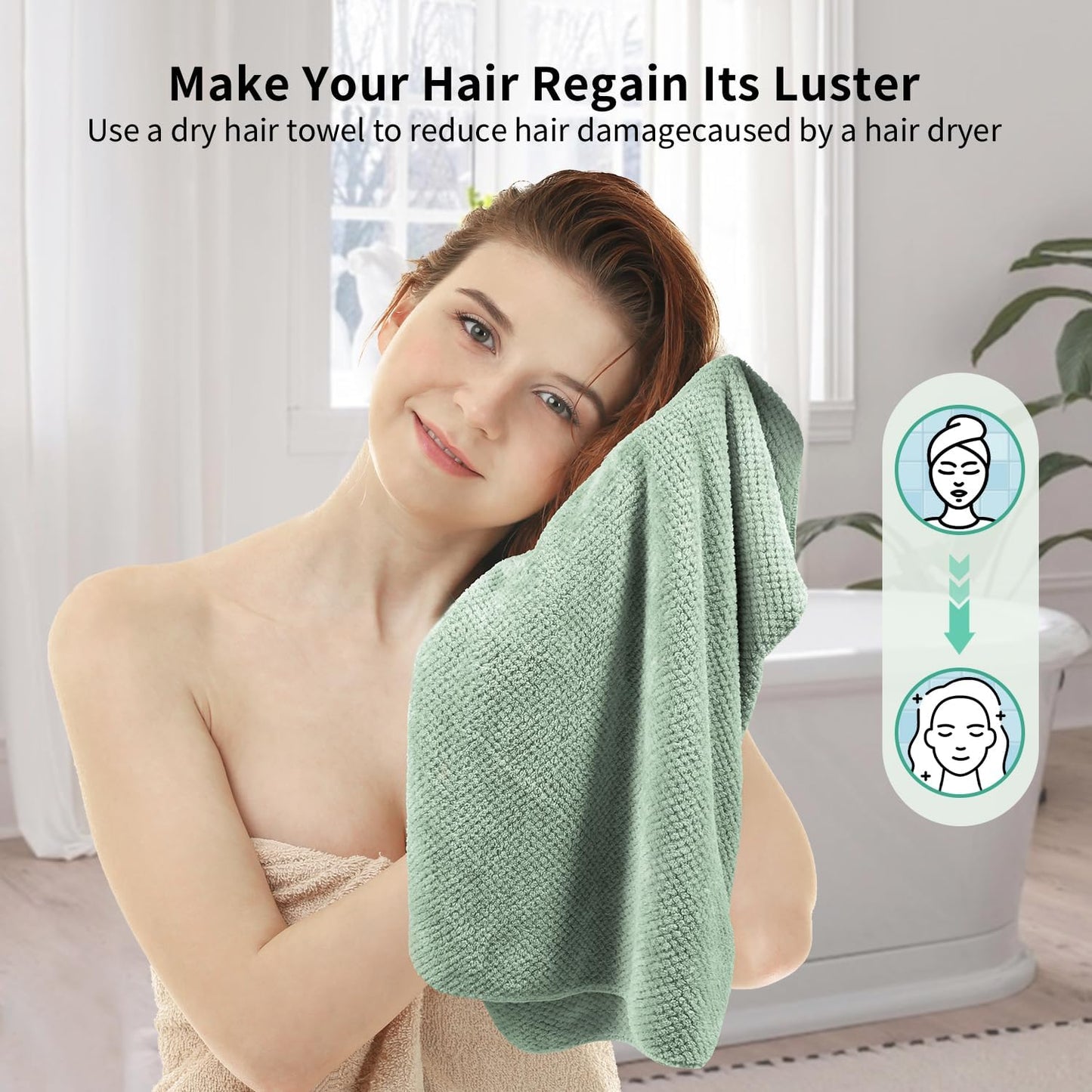 2 Pack Extra Large Microfiber Hair Towel Wrap, 37.4" x 26.4" for Women, Super Absorbent & Quick Dry Hair Towel with Elastic Strap for Curly Hair Green