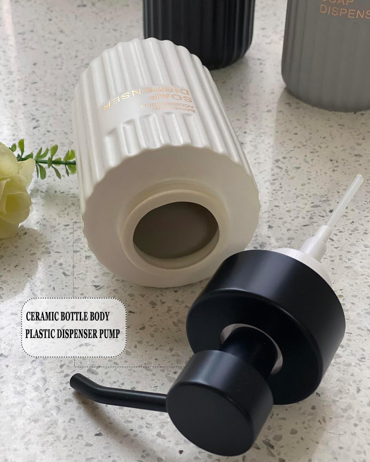 11.5 Oz Foaming Soap Dispenser for Bathroom,Kitchen Foam Soap Dispenser,Refillable Modern Foam Pump Bottle,Black Ceramic Foaming Hand Pump Dispenser (White Stripe)