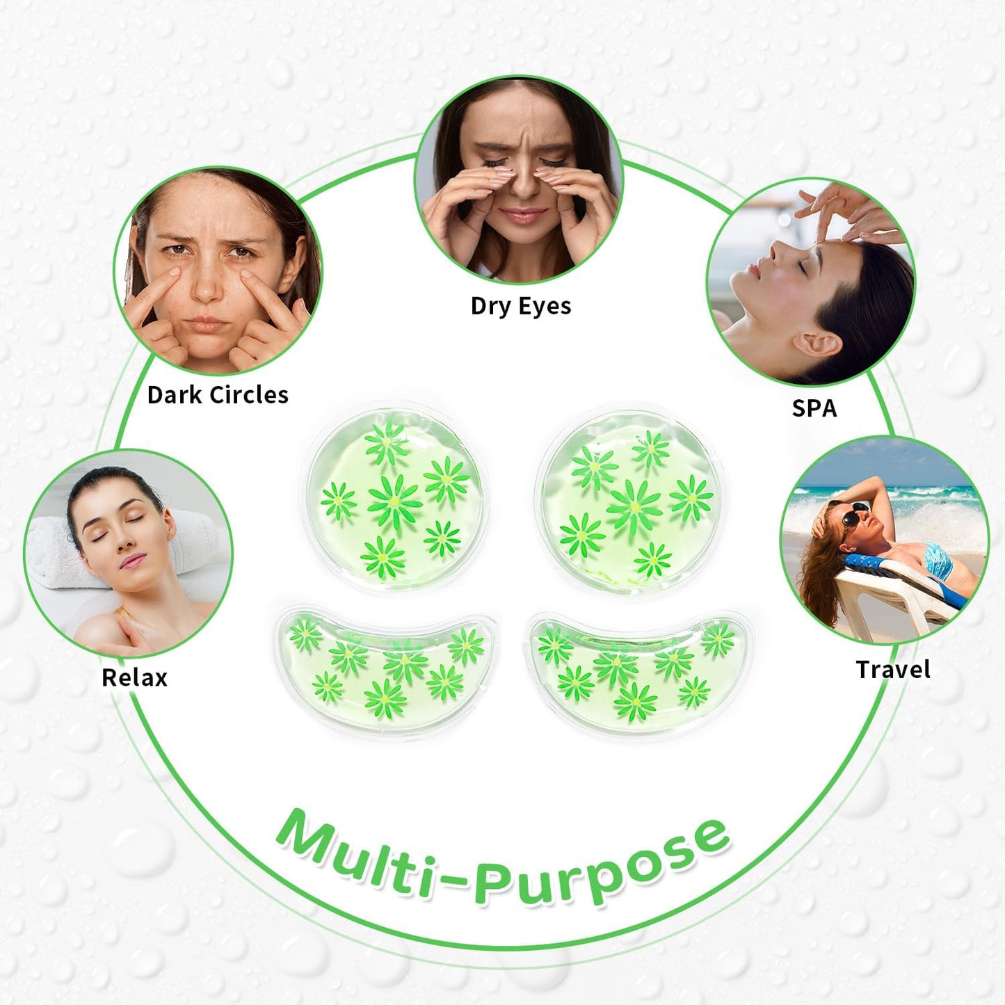 4PCS Gel Eye Ice Pack Set, Cold & Hot Compress, Reusable Cooling Gel Pads for Strain Relief, Relaxation, SPA and sleep(Green leaves)