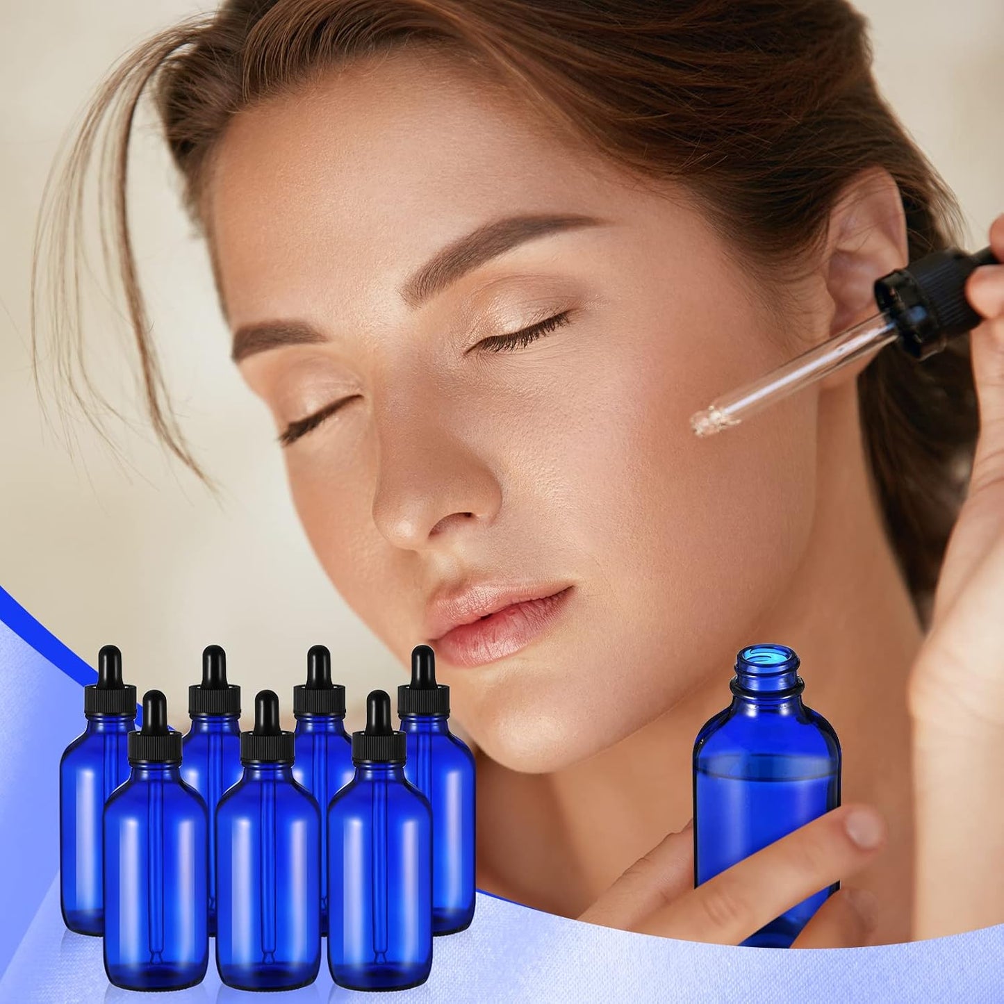 Dandat 50 Pack 4 oz Glass Dropper Bottles Leakproof 120 ml Glass Tincture Bottles with Eye Droppers, 4 Funnels, 54 Labels for Essential Oil Perfumes Hair Oil(Blue)