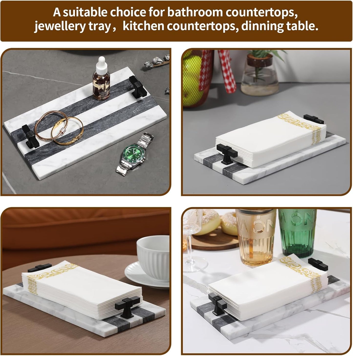 Decorative Marble Hand Towel Holder for Bathroom Disposable Paper Towels Tray Guest Towels Holder Formal Dinner, Guestrooms and Restrooms Marble Tray Vanity Tray Black Color Handle