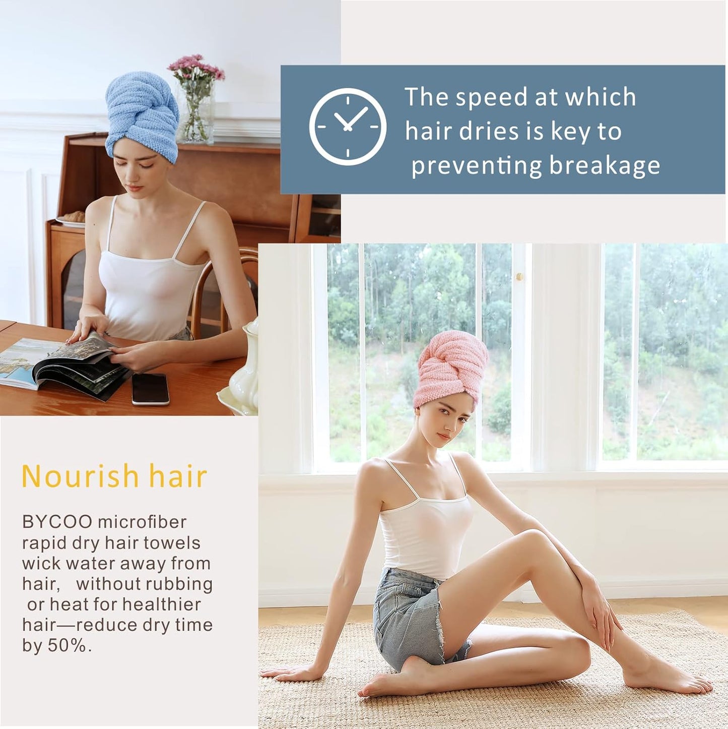 2 Pack Large Microfiber Hair Towel Wrap for Women, Anti Frizz Hair Drying Towels, Fast Dry Hair Turban - for Wet, Long, Thick, Curly Hair - Super Absorbent Soft Towels (Blue & Pink)