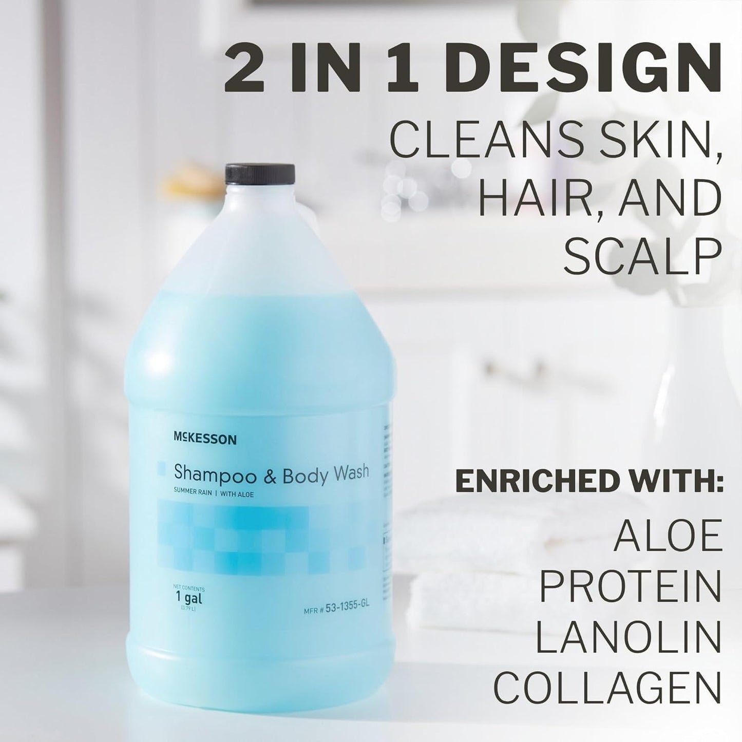 McKesson Body Wash and Shampoo [4 Count] - 1  Gallon Bulk Refill Full Body Wash with Aloe, Summer Rain Scent - Sensitive Skin & Hair 2‑in‑1