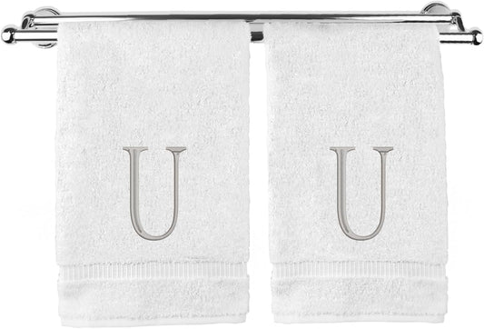 Monogrammed Hand Towel, Personalized Initial Gift, Extra Absorbent 100% Turkish Cotton - Soft Terry Finish - Set of 2 - Silver Block Initial U - Embroidered on White Towels