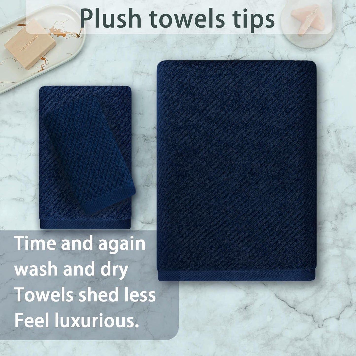 Blue Towels Set for Bathroom, Luxury 3 Piece Gift set, 100% Cotton | Quick Dry | Soft | Thick, 1 Large Bath 30" x 56", 1 Hand 18" x 28", 1 Wash Cloth 13" x 13", Bathroom Essentials, Navy