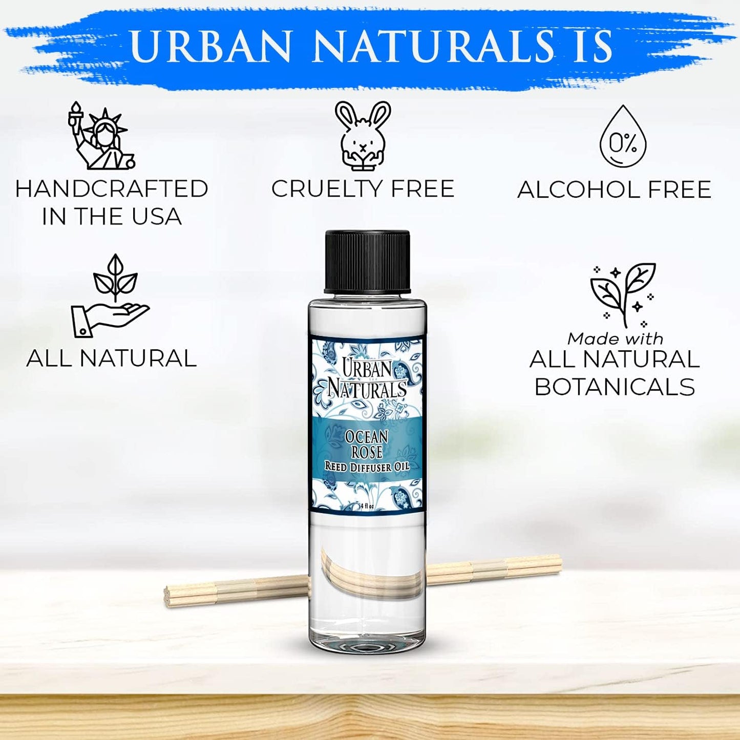 Urban Naturals Reed Diffuser Oil Refill, Ocean Rose Diffuser Oils with Rose, Lemongrass, Basil, 4 oz + Free Reed Sticks, Made in The USA
