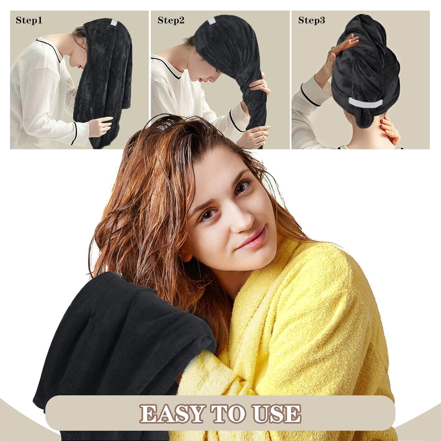 SUNLAND Microfiber Hair Towels Anti Frizz Hair Drying Towel Super Absorbent Fast Drying Turbans for Wet Curly Hair Soft Hair Towel Wrap with Elastic Band for All Hair Types 40 X 20 inches 2Pack Black