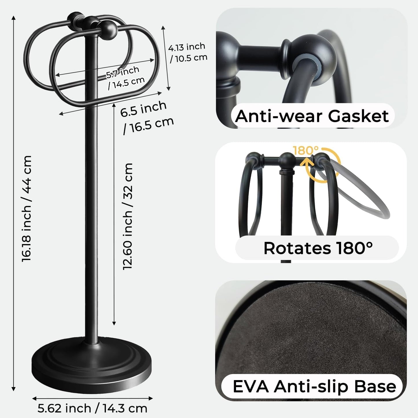 17 Inch Stainless Steel Hand Towel Holder Double Stand Hand Towel Ring for Washcloths or dishcloths Non-Slip Base Free Standing Towel Rack for Bathroom Kitchen (Black)