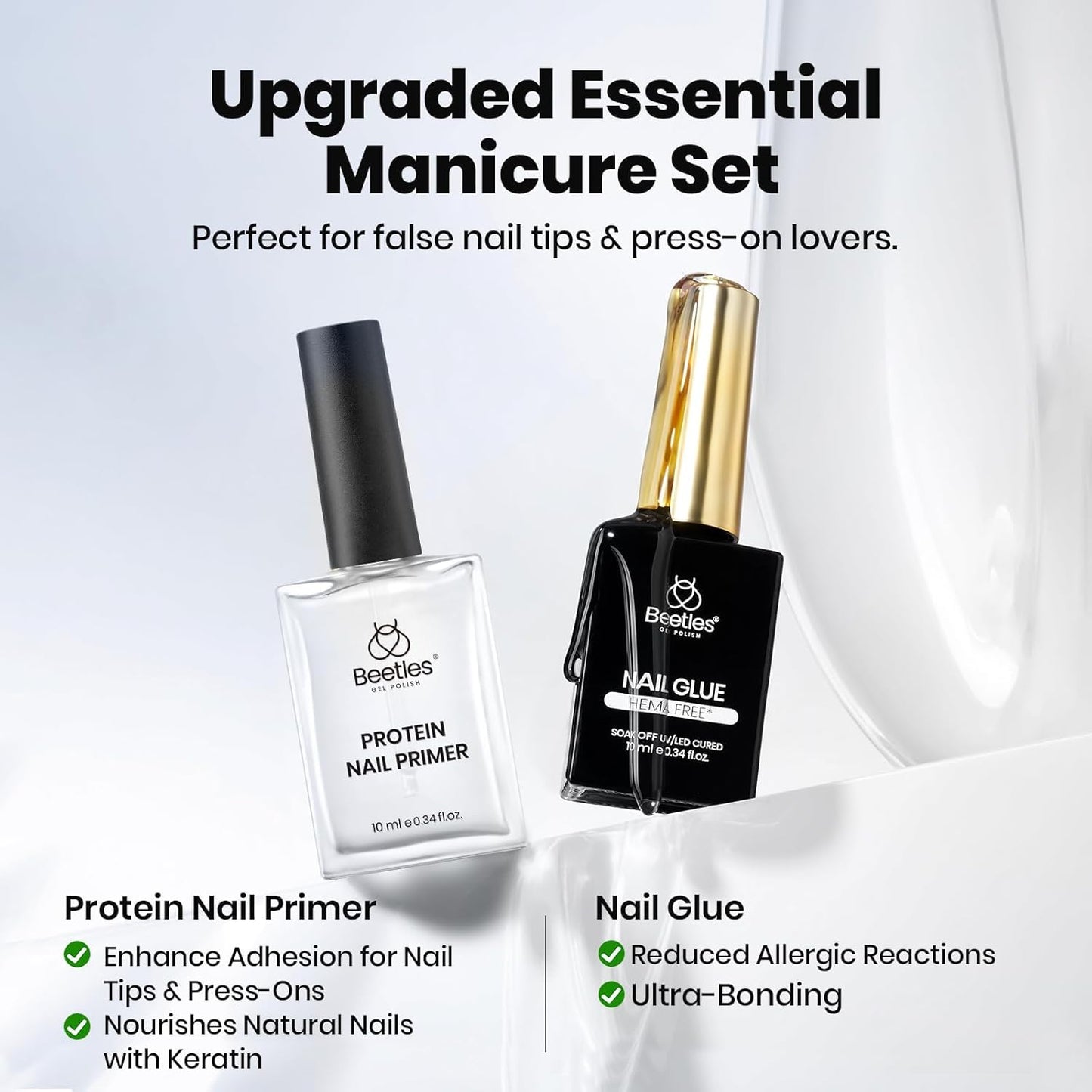 Beetles HEMA-Free Nail Glue & Primer Set, 2Pcs 10ml Super Strong 9 in 1 Nail Glue Gel and Bond Primer for Acrylic Fast Dry Supplies, Long-Lasting Professional Kit, U V Light Required