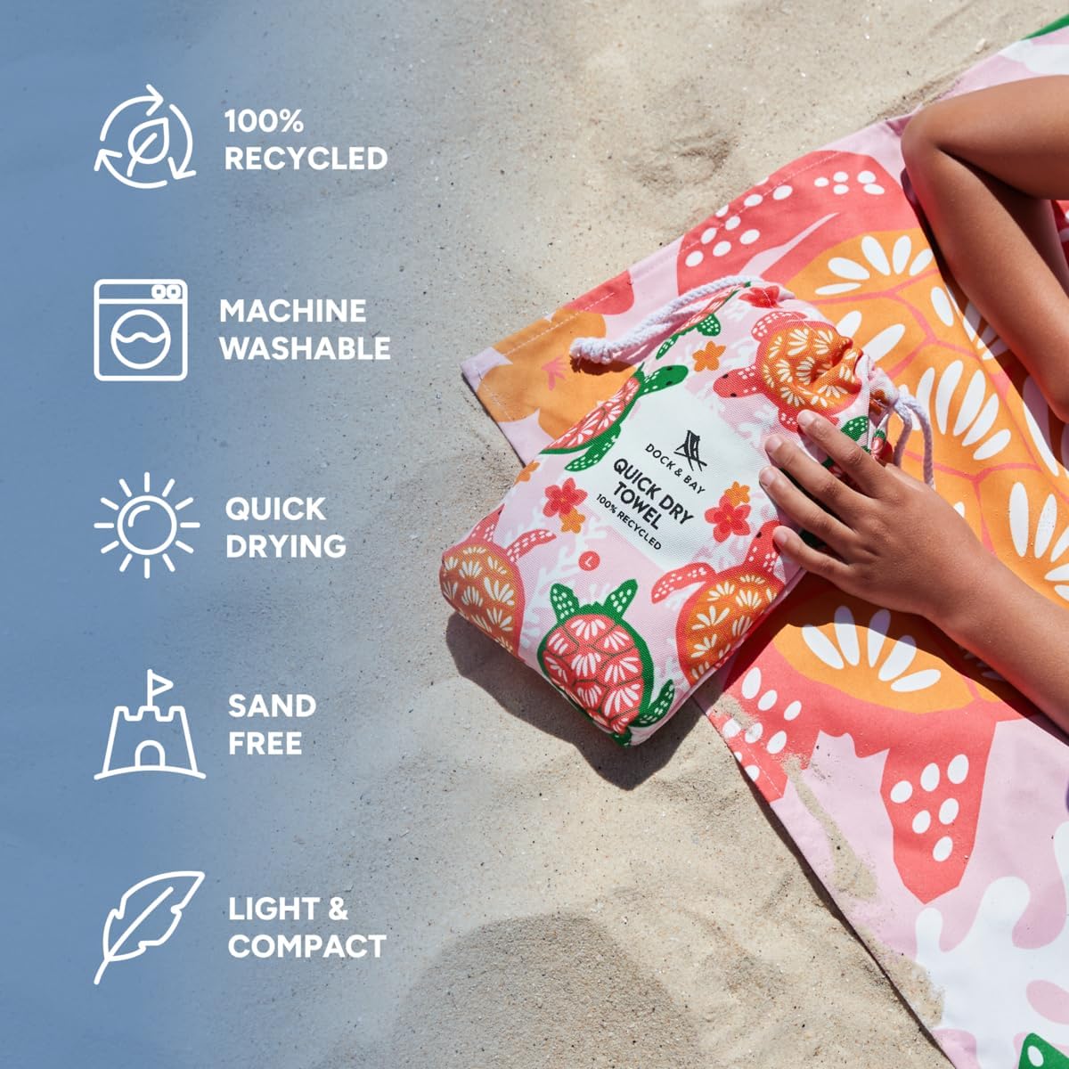 Dock & Bay Beach Towel - Quick Dry, Sand Free - Compact, Lightweight - 100% Recycled - Includes Bag - Turtley Tropical - Large (160x90cm, 63x35)