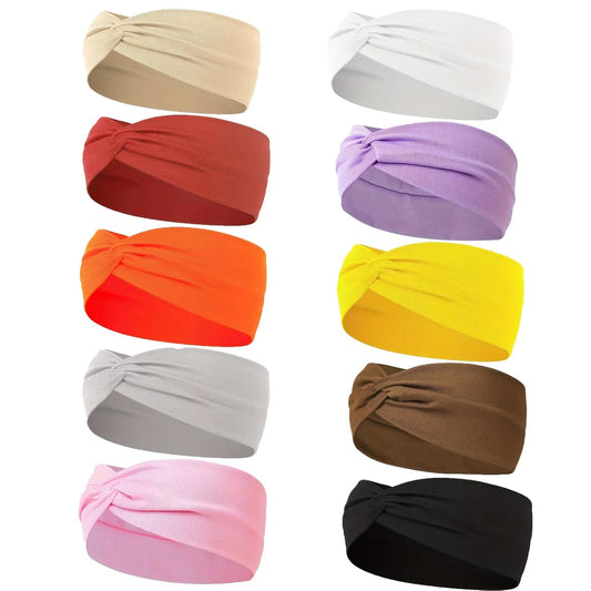 10 Pcs Wide Absorbent Sport Headbands for Women, Non-slip, Stretchy, Soft Cotton Twist Knotted Hair Bands for Daily Workout Yoga Running Sports, AD