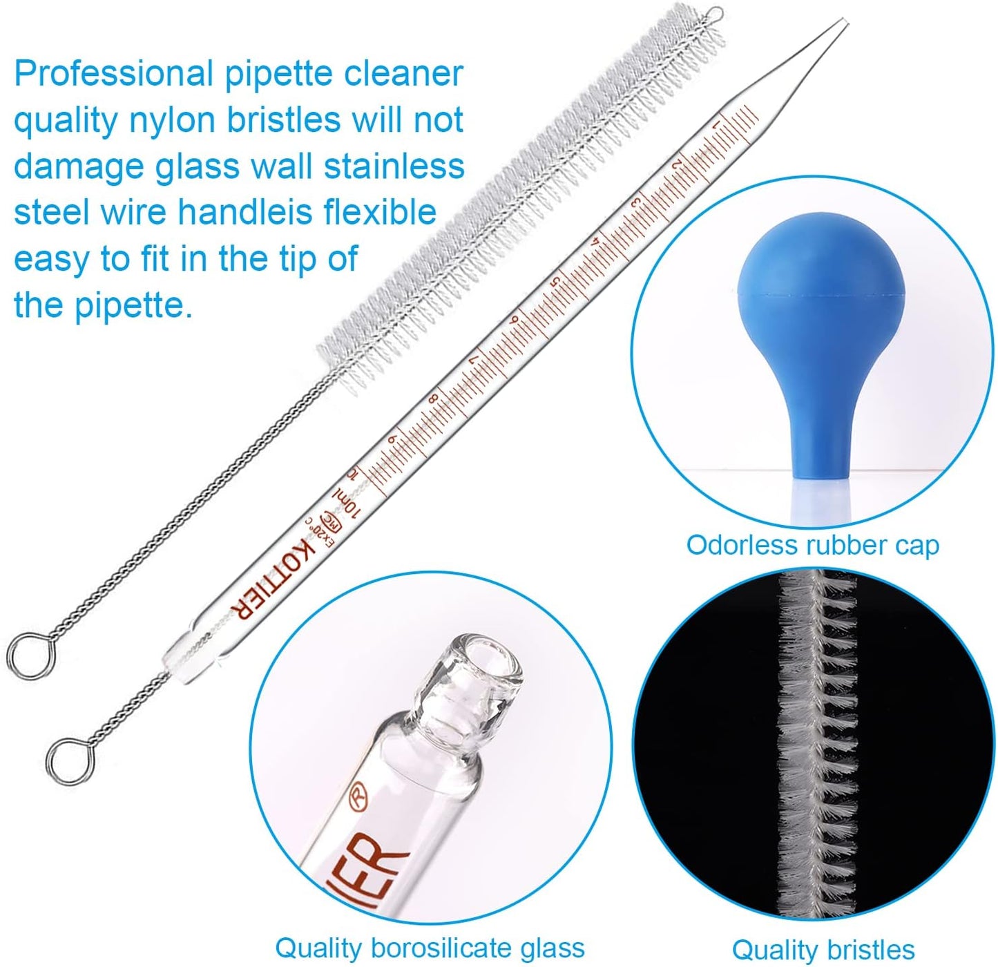 10ml Glass Pipettes Dropper, Lab Graduated Dropper for Liquid Essential Oil, Glass Transfer Pipette with Rubber Bulb and Cleaning Brush (2 pieces)
