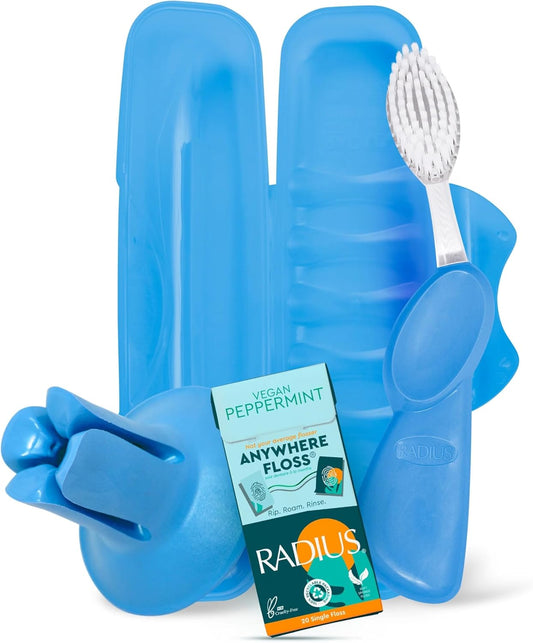 RADIUS Vacation Pastel Bundle, Includes Left Handed Big Brush, Toothbrush Travel Case, DOC Toothbrush Holder, Anywhere Travel Floss Packette, Periwinkle Blue, 4 Piece Bundle