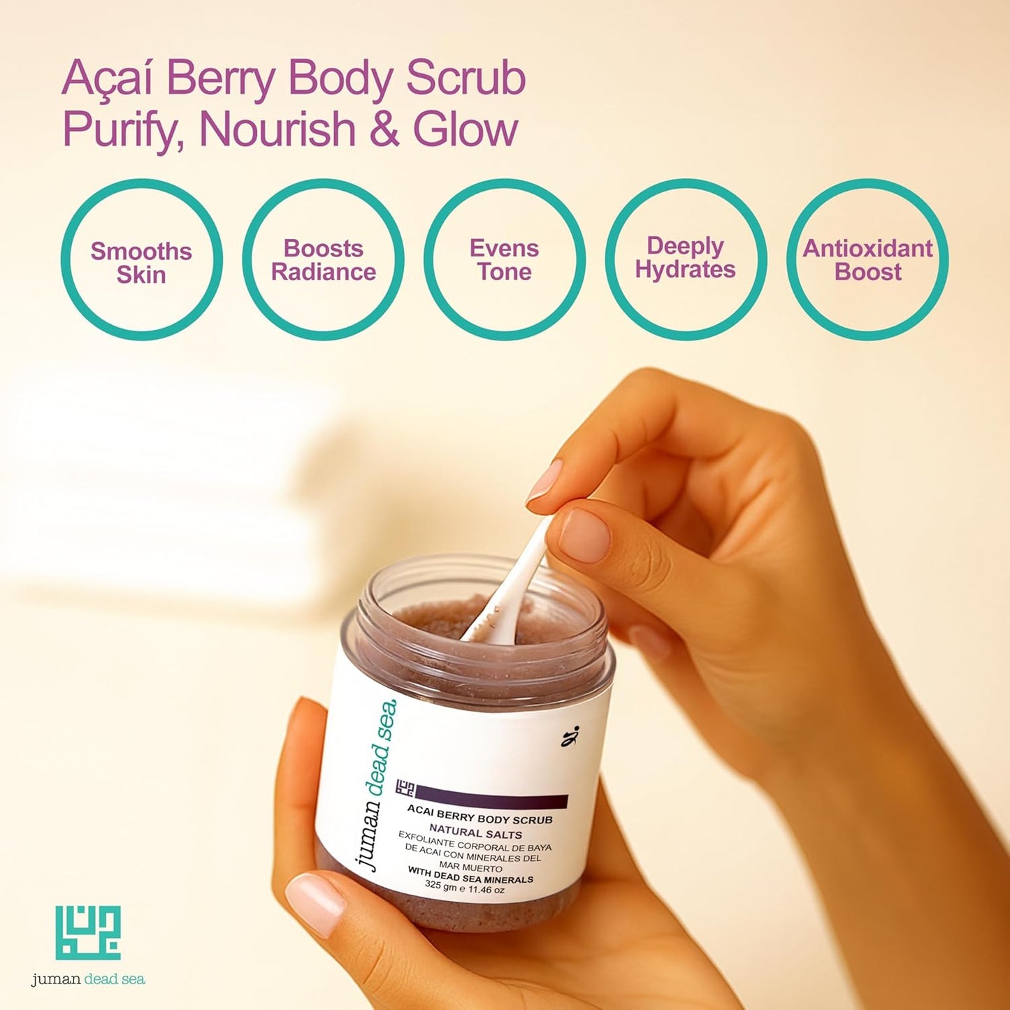 Juman Dead Sea Salt Body Scrub | Infused with Aloe Vera Essential Oil & Cocoa Butter | Acia Berry Scrub | Removes Dead Skin Cells and Rejuvenate Dull Skin | SlS & Paraben Free | Vegan | 11.46 Oz