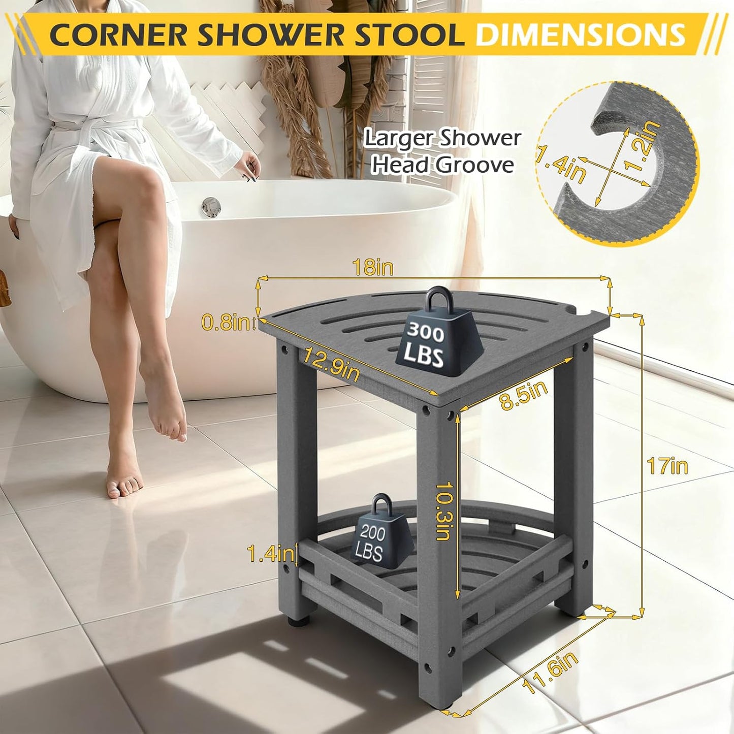HDPE Corner Shower Stool for Shaving Legs, Waterproof Shower Stool with Storage Shelf for Bathroom,Grey