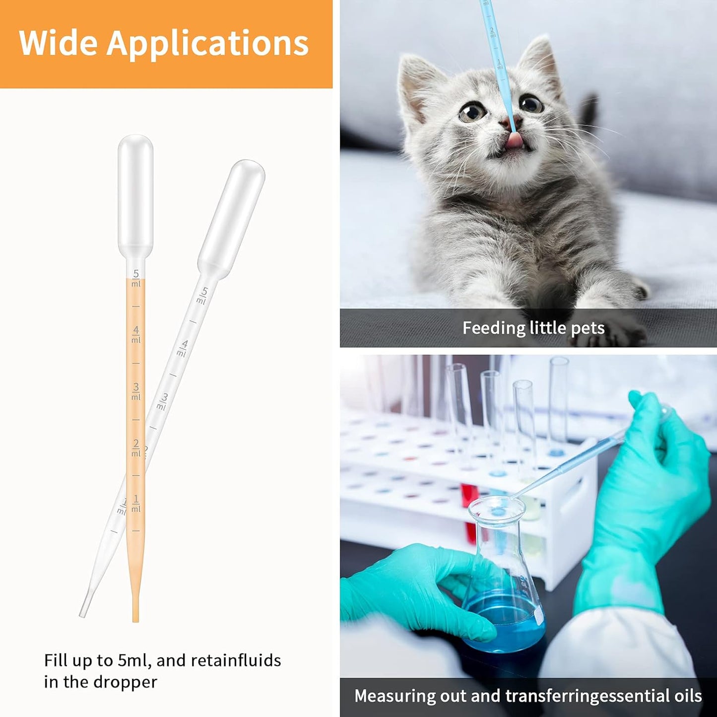 G2PLUS 100PCS 5ml Transfer Pipettes, Plastic Graduated Pipettes, Calibrated Disposable Dropper for Liquid, Essential Oils, Science Laboratory, Experiment, Make up Tool