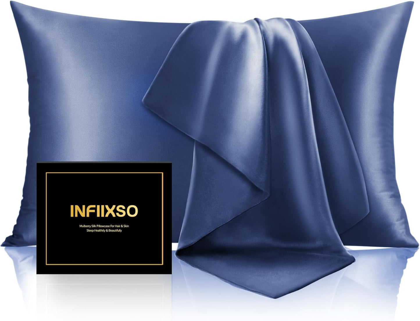 INFIIXSO Mulberry Silk Pillowcase for Hair and Skin, Silk Pillow Cases Queen Size with Hidden Zipper 20x30 Inches, Extraordinary Smooth and Soft Cooling Pillow Cases for Hot Sleepers(Navy, 1 Pack)