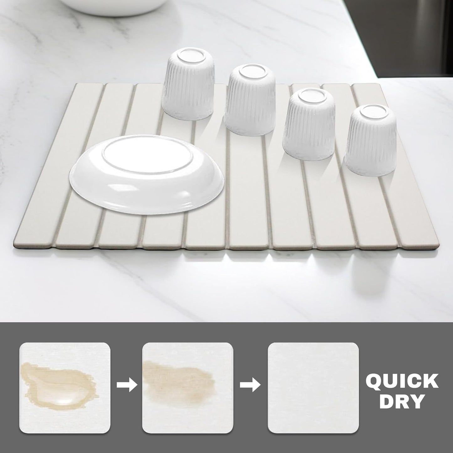 Stone Drying Mat for Kitchen Counter, Quick Dry Absorbent Collapsible Dish Drying Mat, Eco-Friendly Absorbent Diatomaceous Earth Mats for Dishes Bottles Cups Bathroom Any Counterop 24" x 15"
