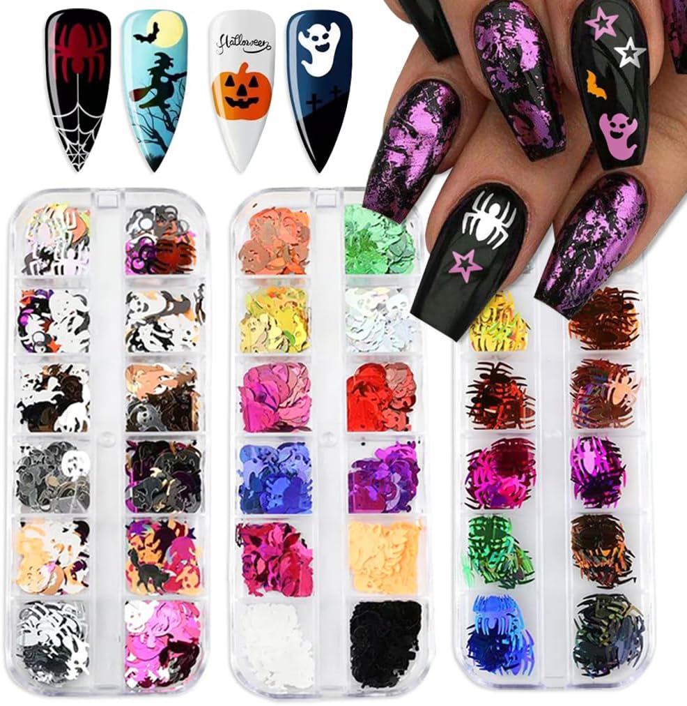 3 Boxes Halloween Nail Art Sequins 3D Holographic Spider Pumpkin Face Ghost Witch Skull Nail Art Glitter Sequins Halloween Nail Decoration Supplies for Women (36 Grids)