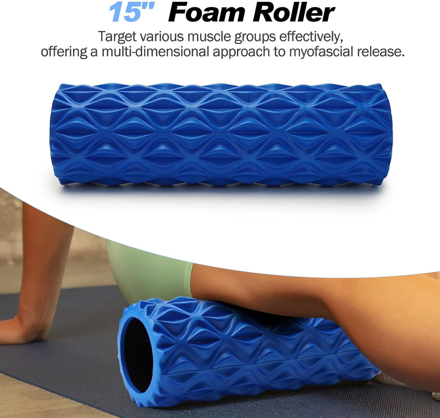 5 in 1 Foam Roller Set Trigger Point Foam Roller, Massage Roller Stick, Massage Ball, Stretching Strap for Deep Muscle Massage Pilates Yoga, Fitness Exercise for Whole Body (Blue Diamond)