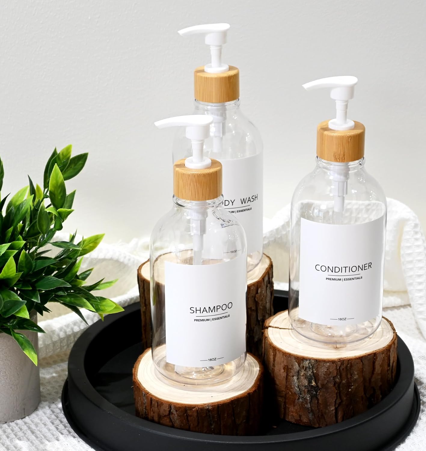 Shower Shampoo and Conditioner Bottles, Apothecary Dispenser Bamboo Pump, Refillable Bottles for Lotion Oil Hand Soap and Dish Soap, Plastic Set (3 Bottles 9 Labels) (3, Clear)