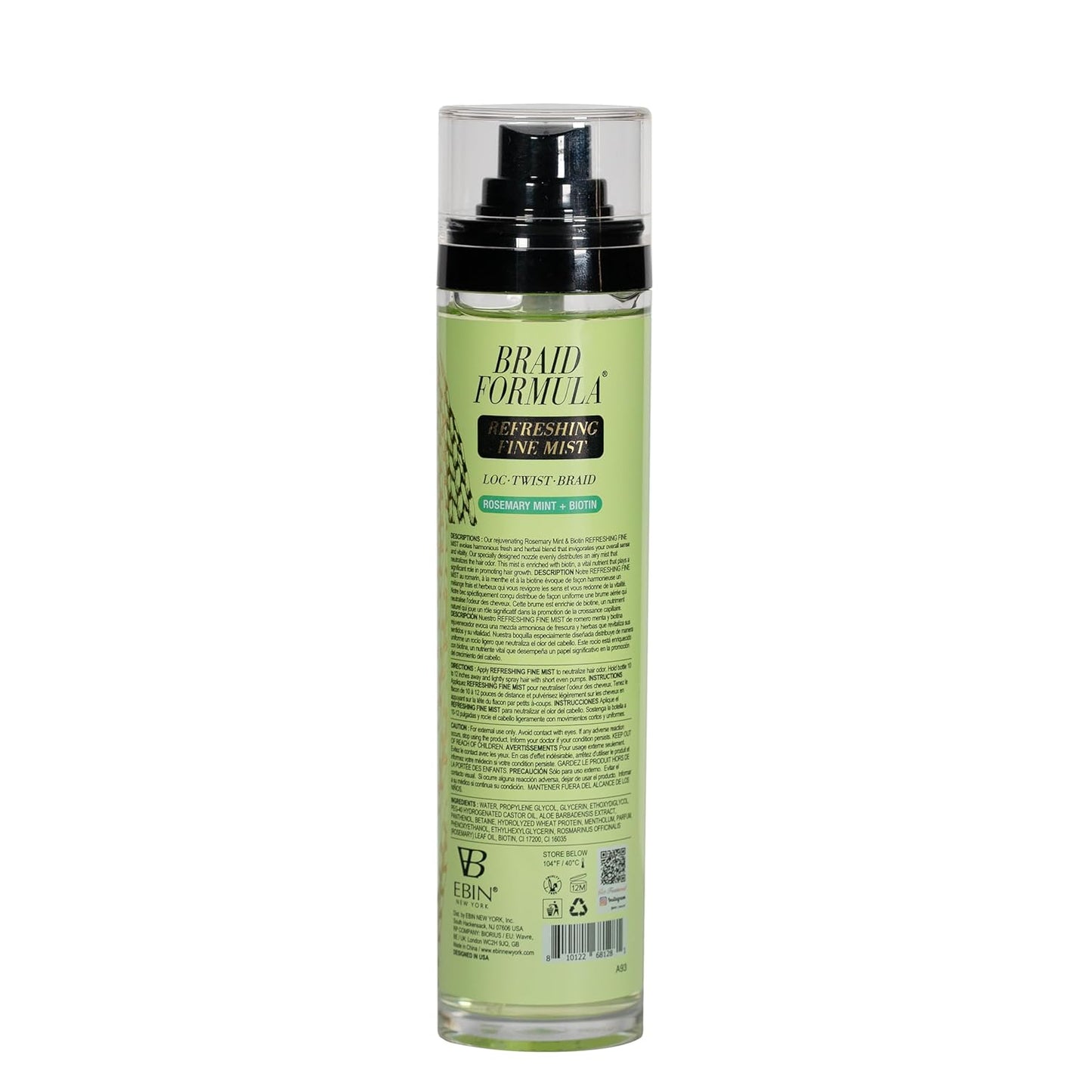 Braid Formula Refreshing Fine Mist 3.38 Fl. Oz. - Eliminates Odor, Gives High Shine, Infused with Rosemary Mint and Biotin for Promoting Hair Growth, No Breakage, No Frizz